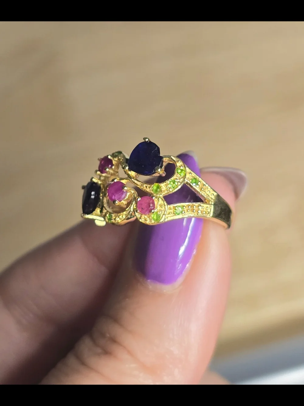 14k Gold Plated Silver Ring Blue Sapphire Hearts, Ruby, & Chrome Diopside Size 7
